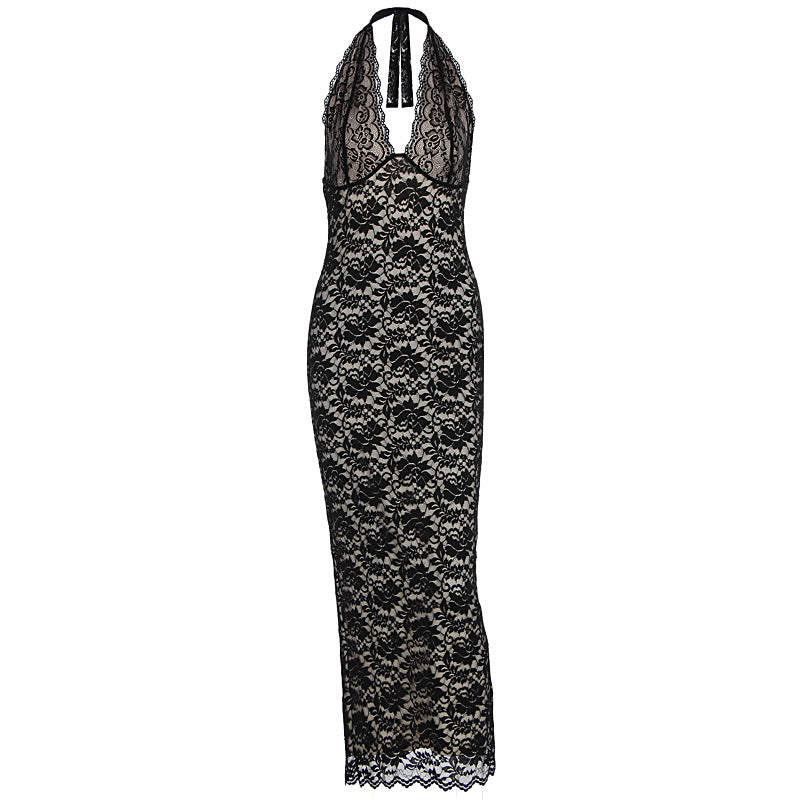 Women's Summer Sexy Fashion Halter Lace Split Slim Dress