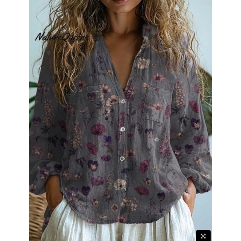 Women's Shirt Printed Exquisite Linen Fabric Tops
