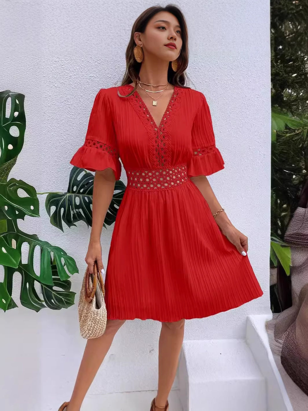 Women's Summer Stitching Lace Fashion Tight Waist Solid Dress