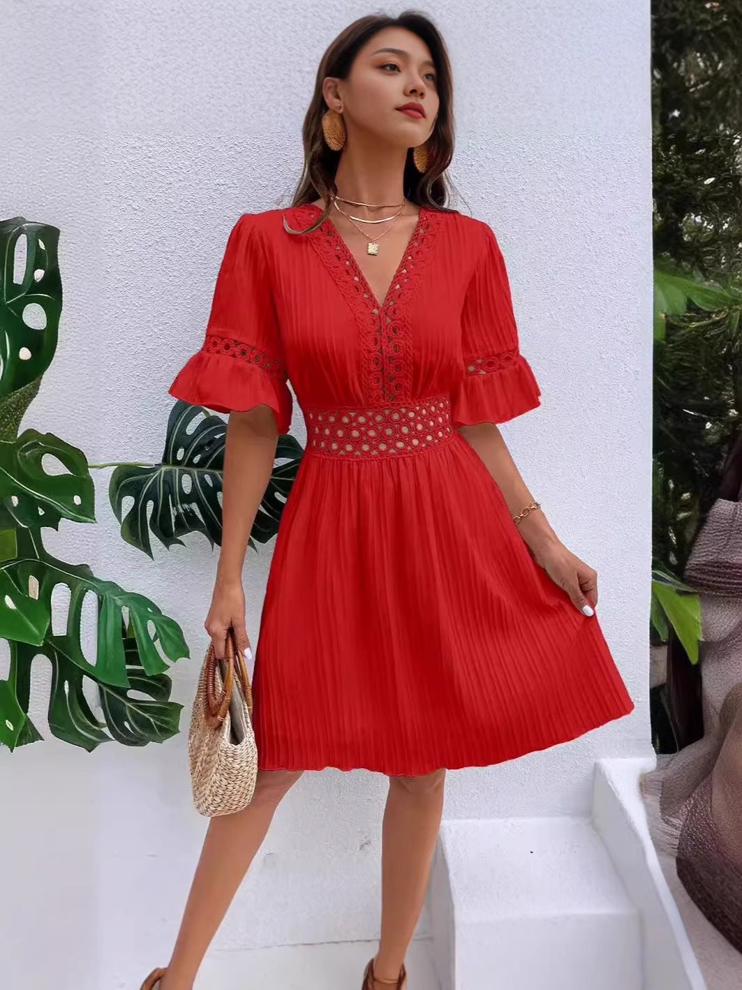 Women's Summer Stitching Lace Fashion Tight Waist Solid Dress