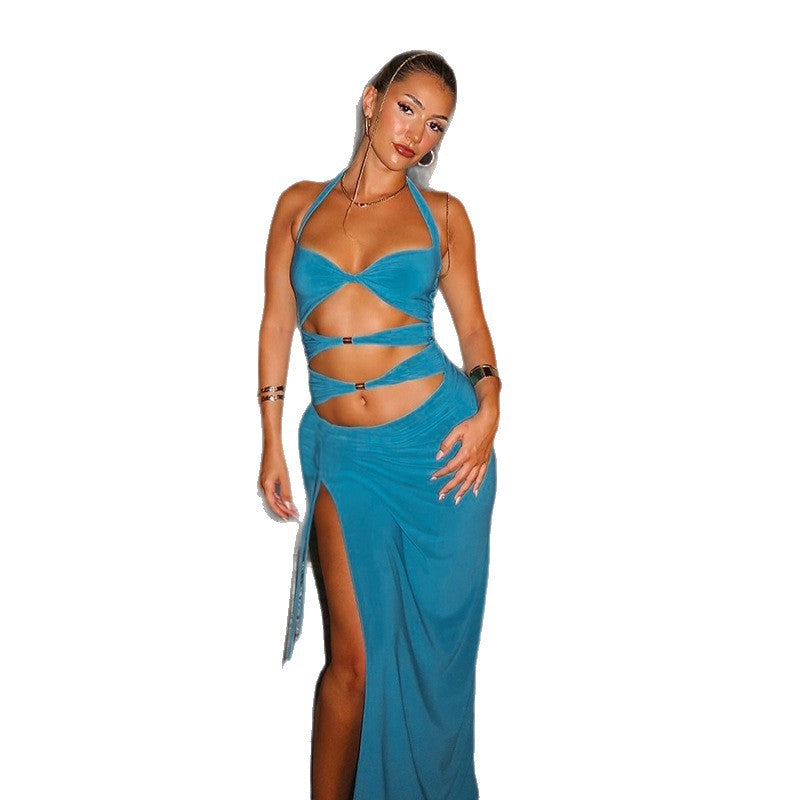 Women's Metal Buckle Split Hot Halter Tied Dress
