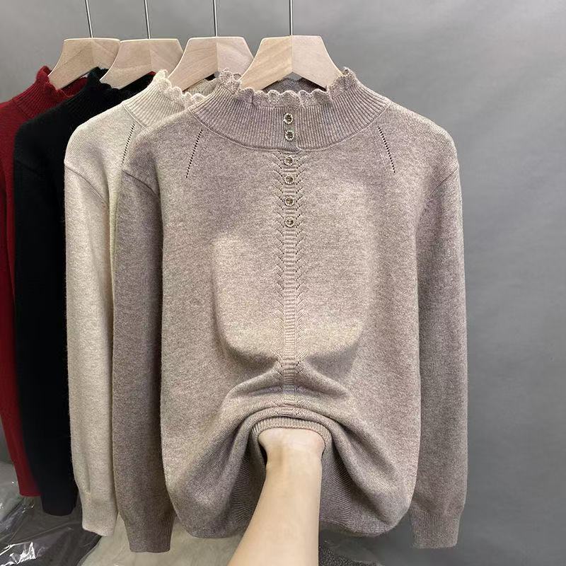 Women's Large Button Mock Neck Leisure Knitted Knitwear