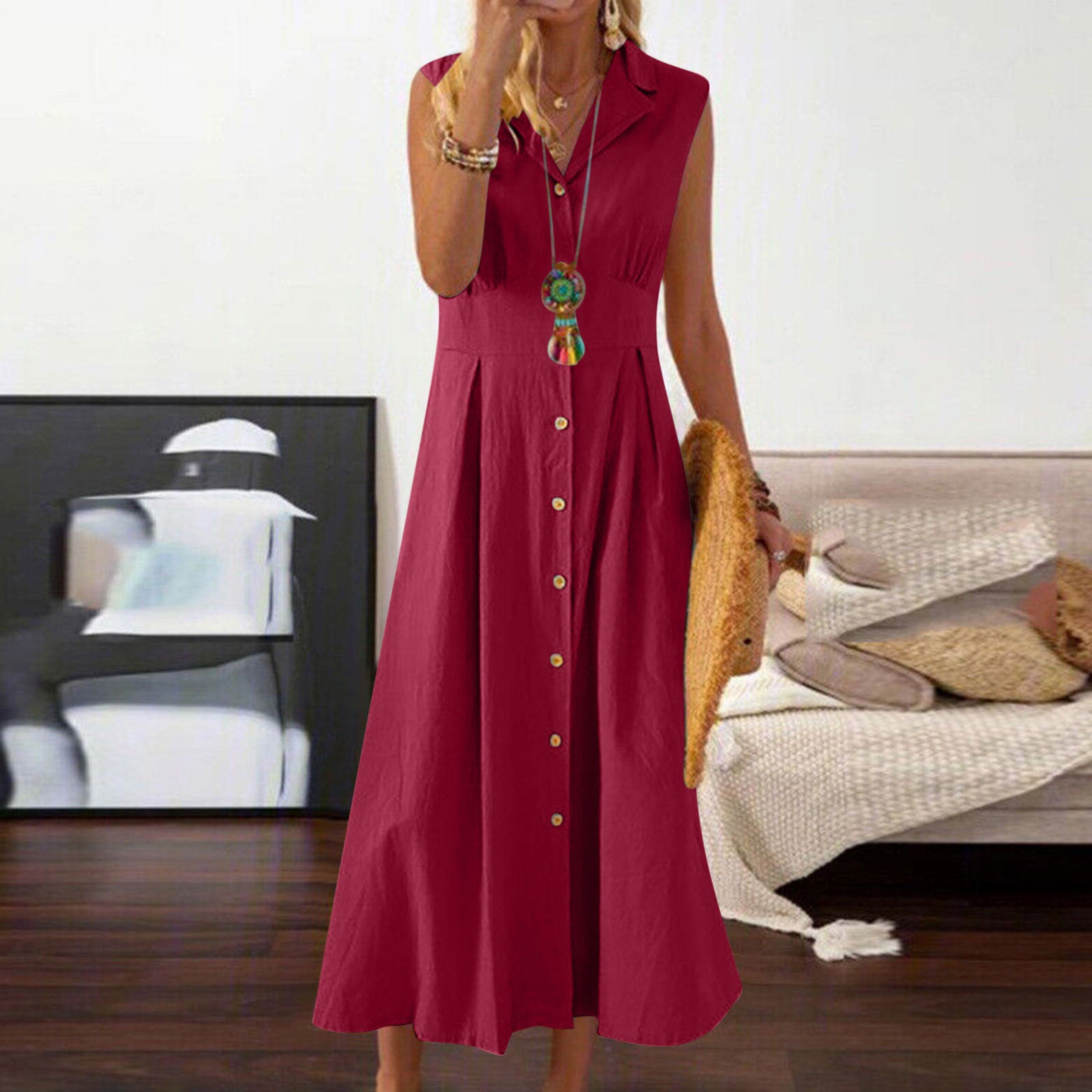 Women's Summer Lapel A- Line Vintage Cotton Dress