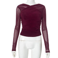 Women's Autumn Pure Color Mesh Sexy Pleated Tops