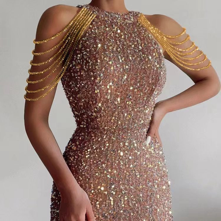Fashion Halter Sexy Crystal Chain Sheath Dress