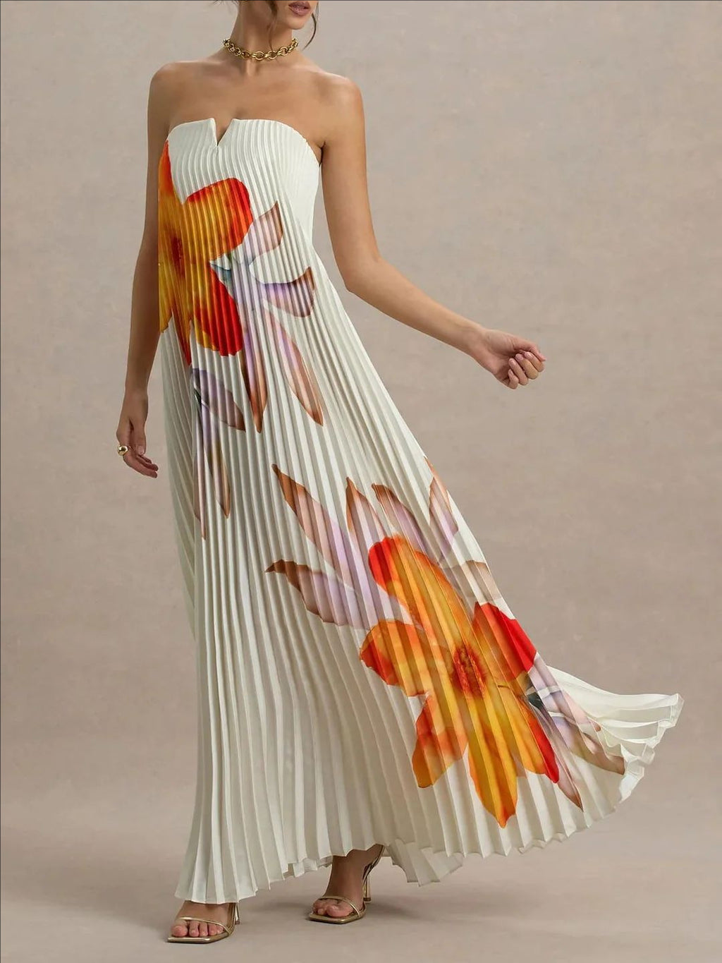 Women's Printed Tube Loose Pleated Long Dress