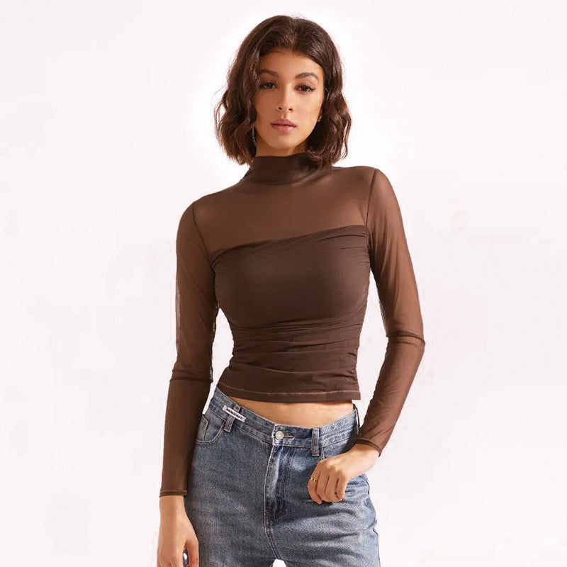 Women's Pure Color Half Collar Mesh Stitching Women's T-shirt