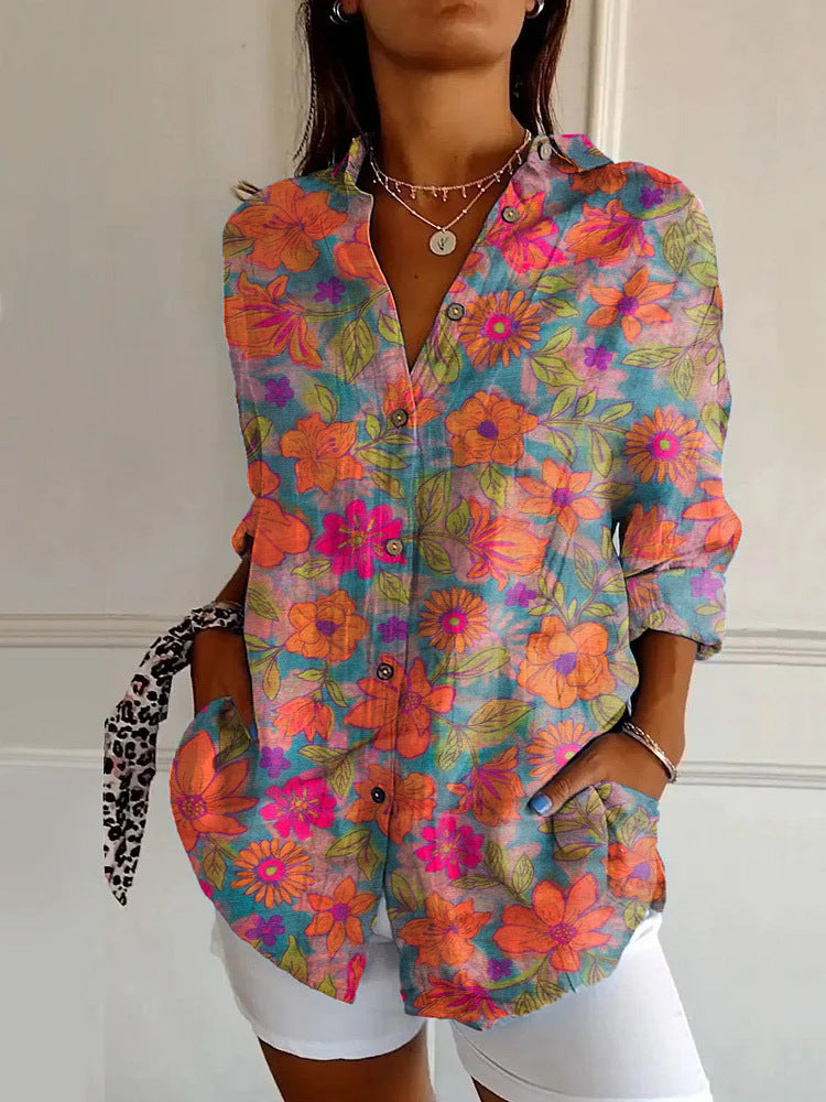 Women's Shirt Summer Trendy Printed Floral Sleeve Pattern Blouse