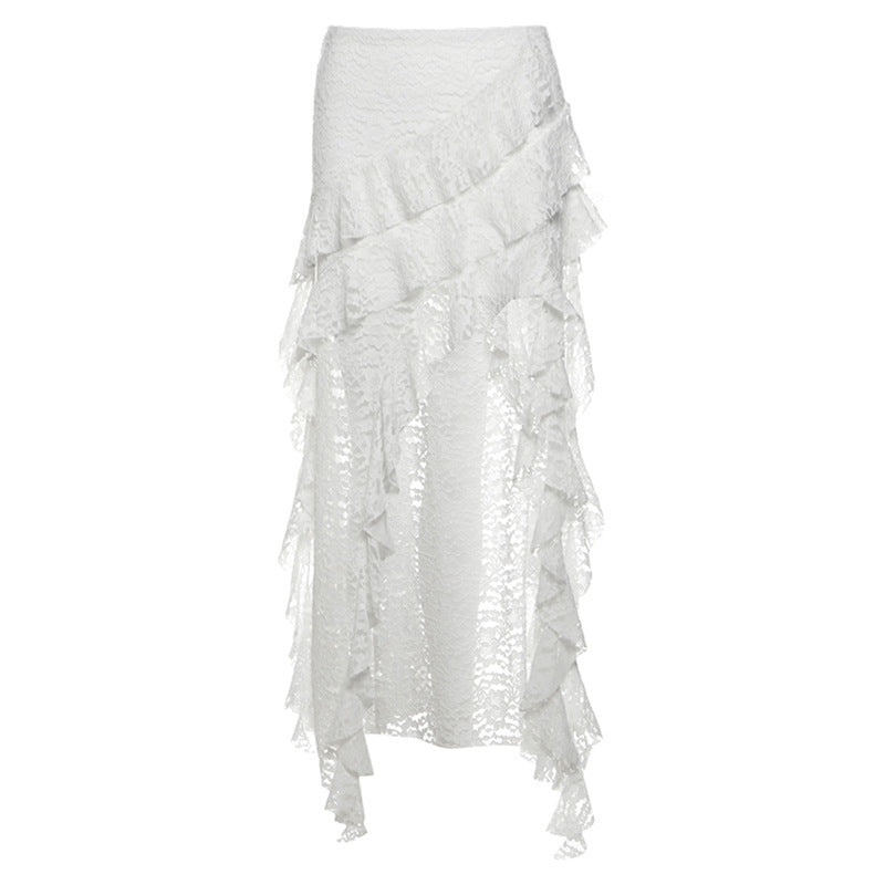 Women's Autumn Unique Design Black Lace Wavy Pleated Edge Skirt