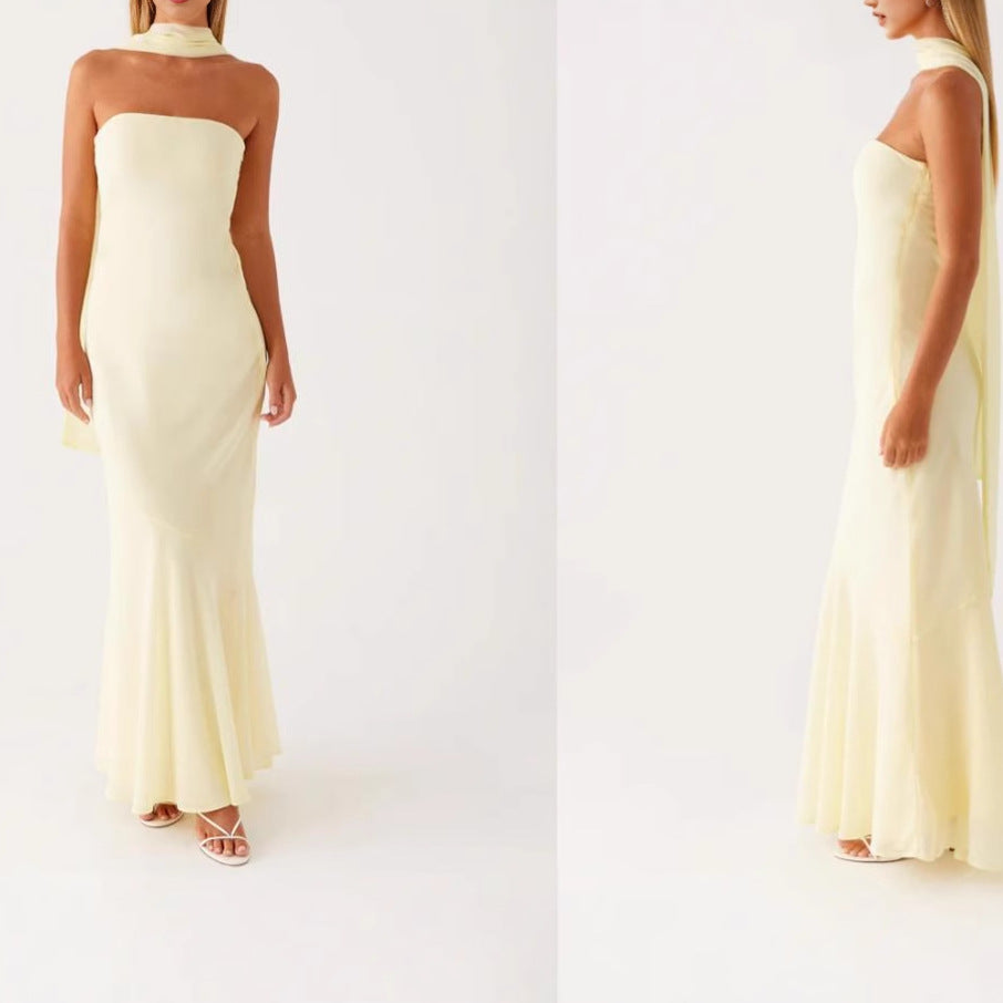 Graceful Satin Backless Tube Digital Printed Dress