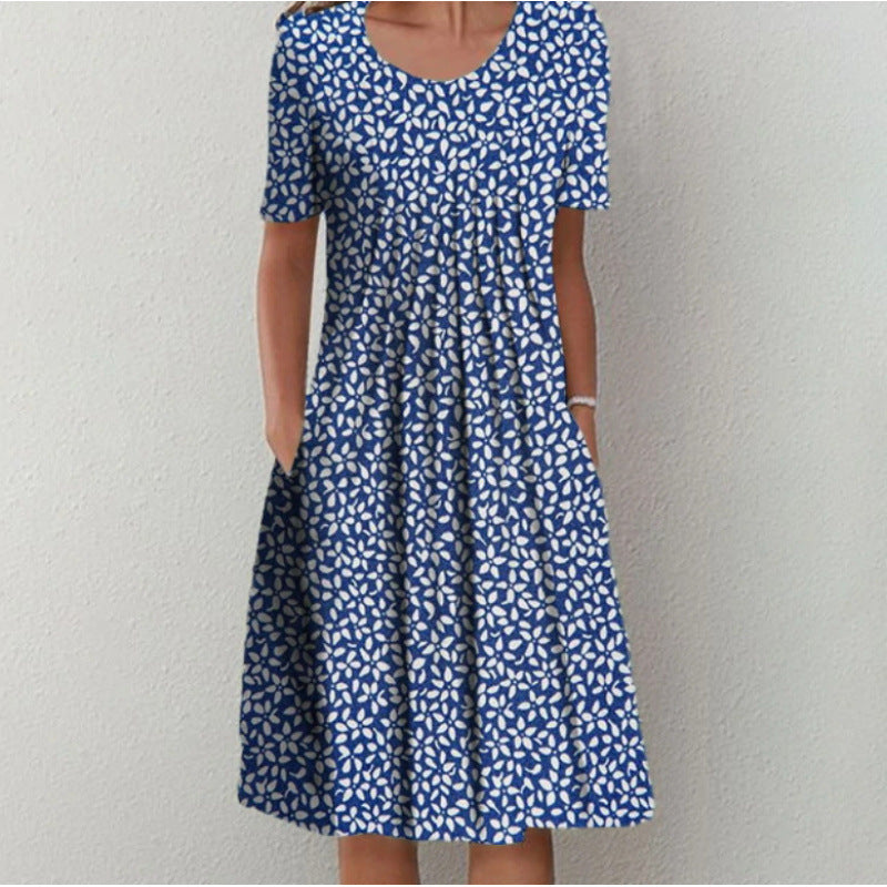 Women's Floral Print Round Neck Pocket Mid-length Clothing