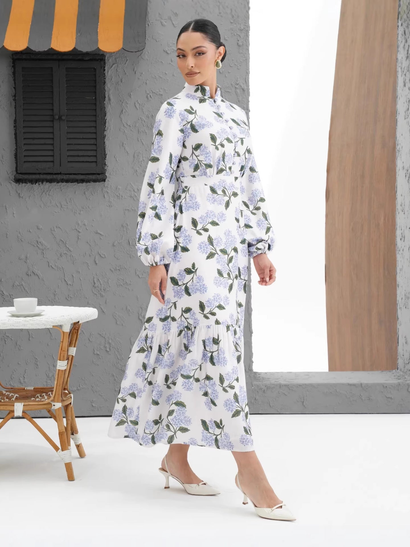 Women's Printed Bag Buckle Shirt Collar Long Dress