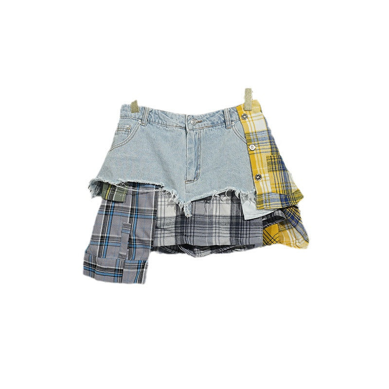 Women's Designer Model Denim Summer Plaid Stitching Skirt