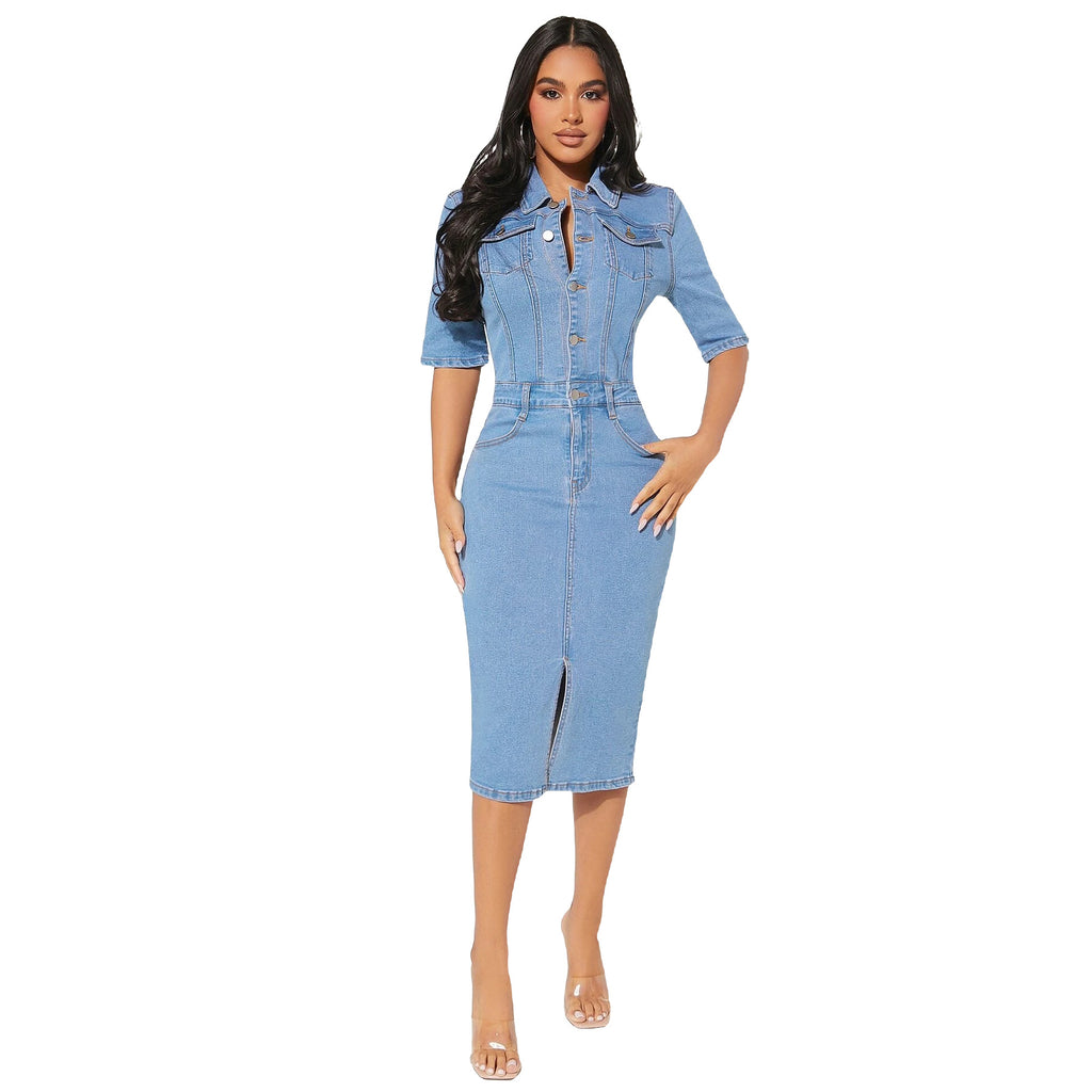Sexy Elastic Breasted Denim One-piece Midi Skirts