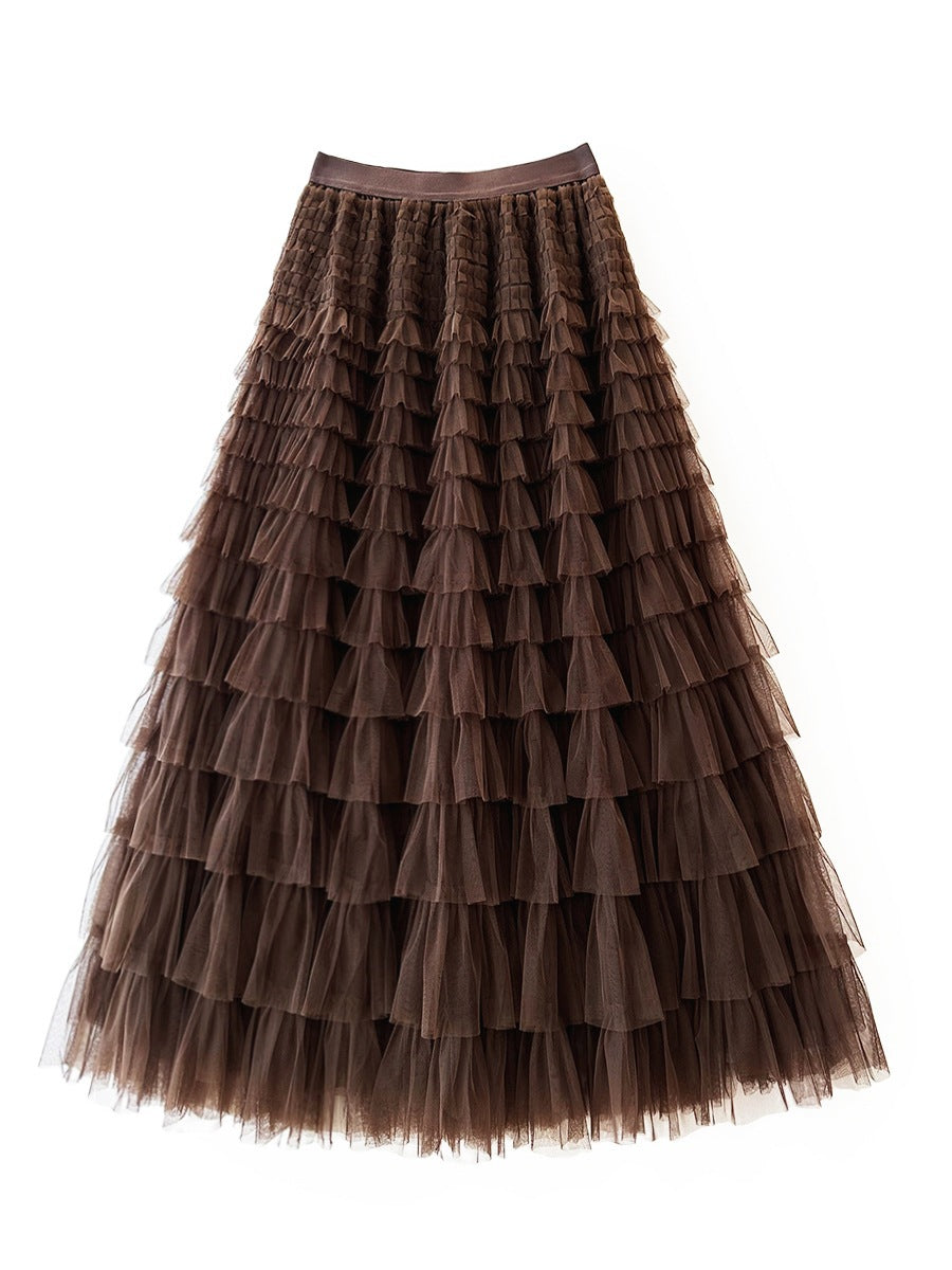 Women's Long Autumn Elegant Solid Color High Waist Net Yarn Cake Skirts