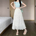 Women's White Elastic Waist A- Line Summer High Casual Elegant Long Skirt