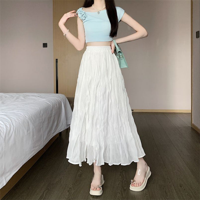 Women's White Elastic Waist A- Line Summer High Casual Elegant Long Skirt