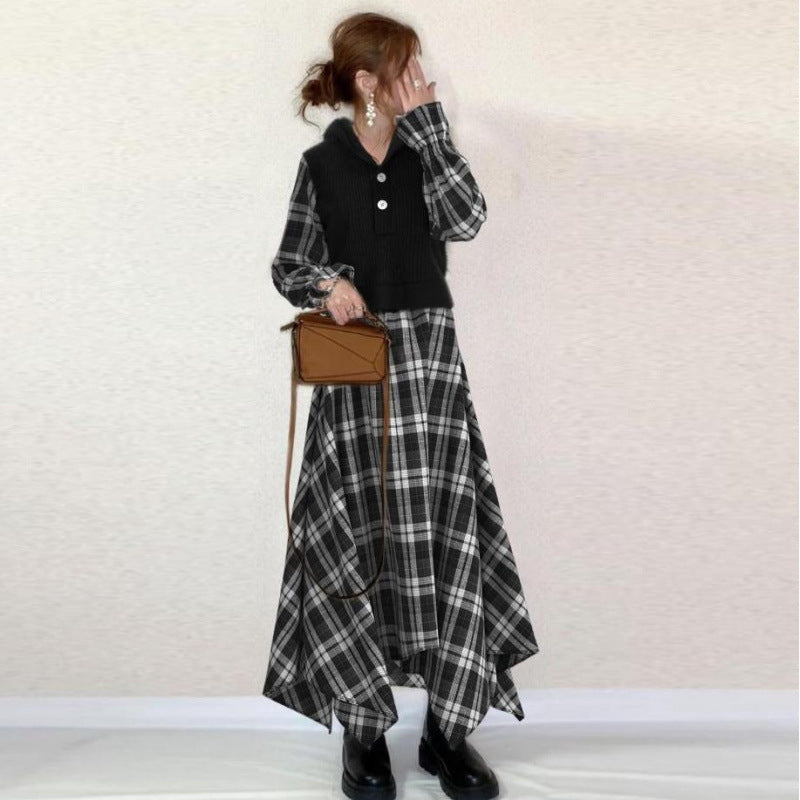 Autumn Loose Plaid Stitching Irregular Hem Dress