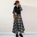 Autumn Loose Plaid Stitching Irregular Hem Dress