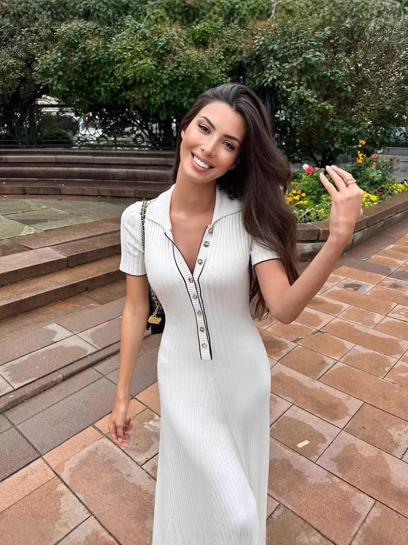 Slim Knit Lapel Collar Elegant Knitted Dress