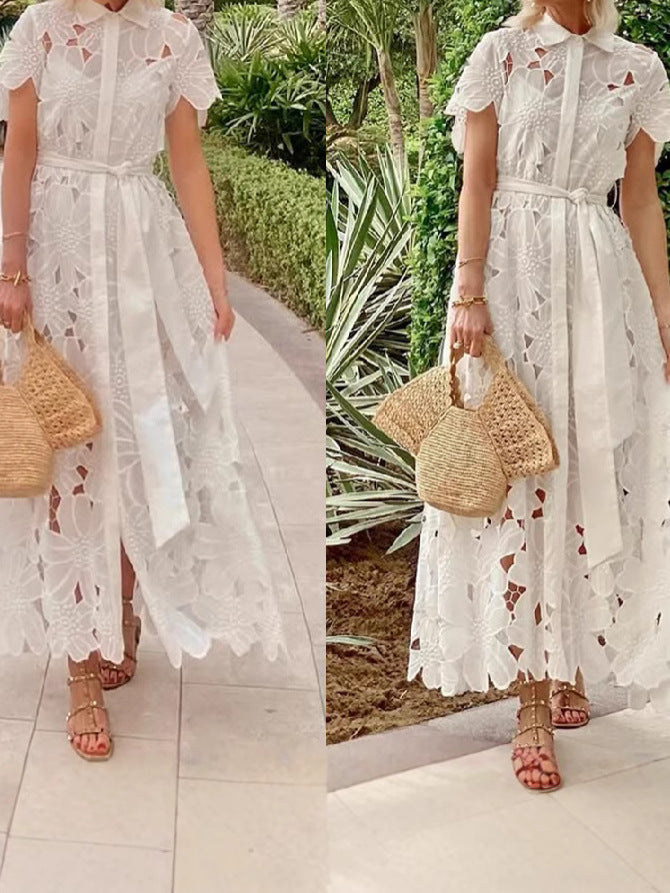 Women's Fashion Casual Lace Solid Color Single-breasted Dress