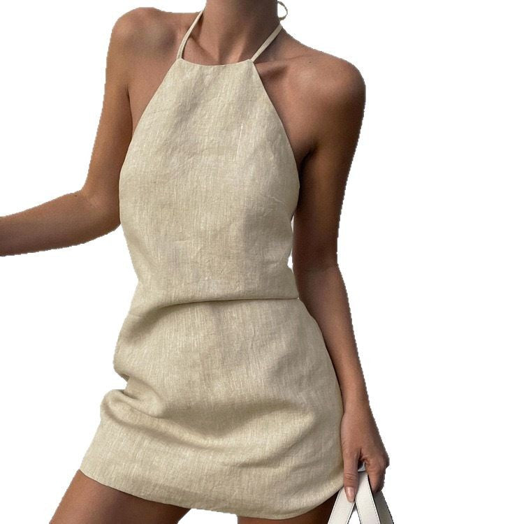 Women's Cotton Linen Backless Sexy Hot Halter A- Dress