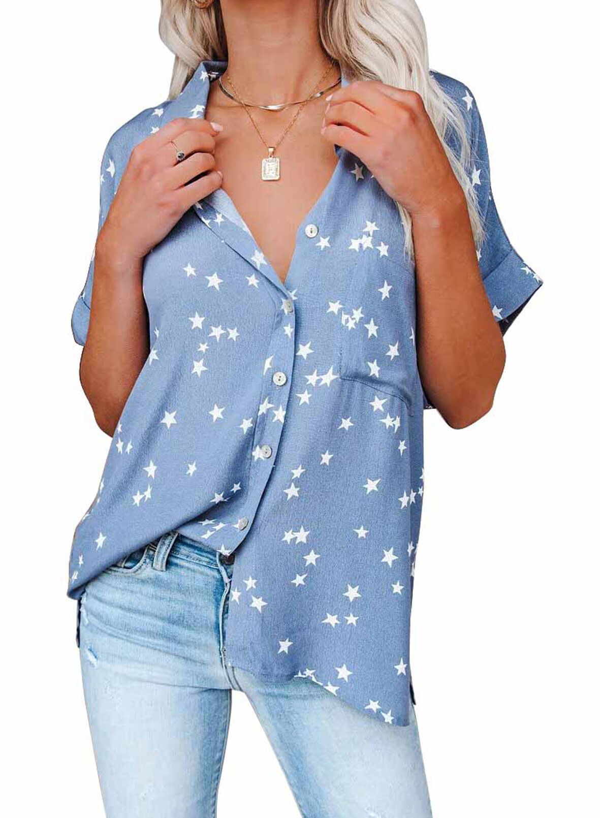 Women's Summer Printed Breasted Batwing Sleeve Blouse