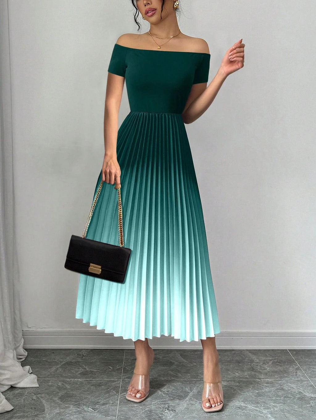 Women's Fashionable Elegant Pleated Gradient Color Slim Dress