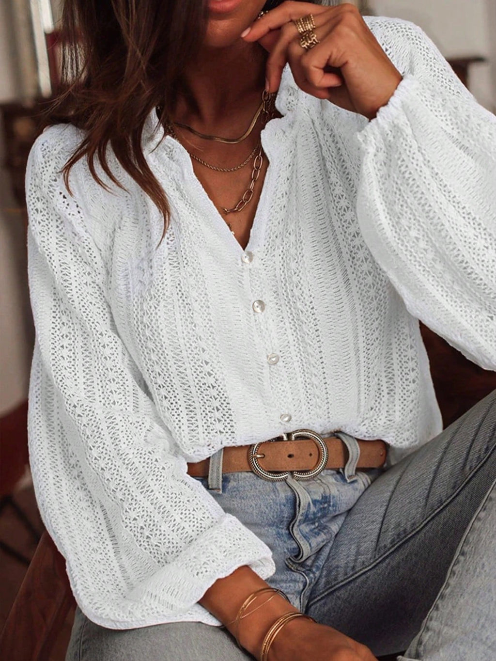 Loose Fashion Versatile Lace Single-breasted Long Sleeve Women's T-shirt