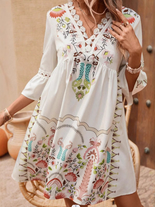 Women's Summer Lace Stitching Casual Printed Dress