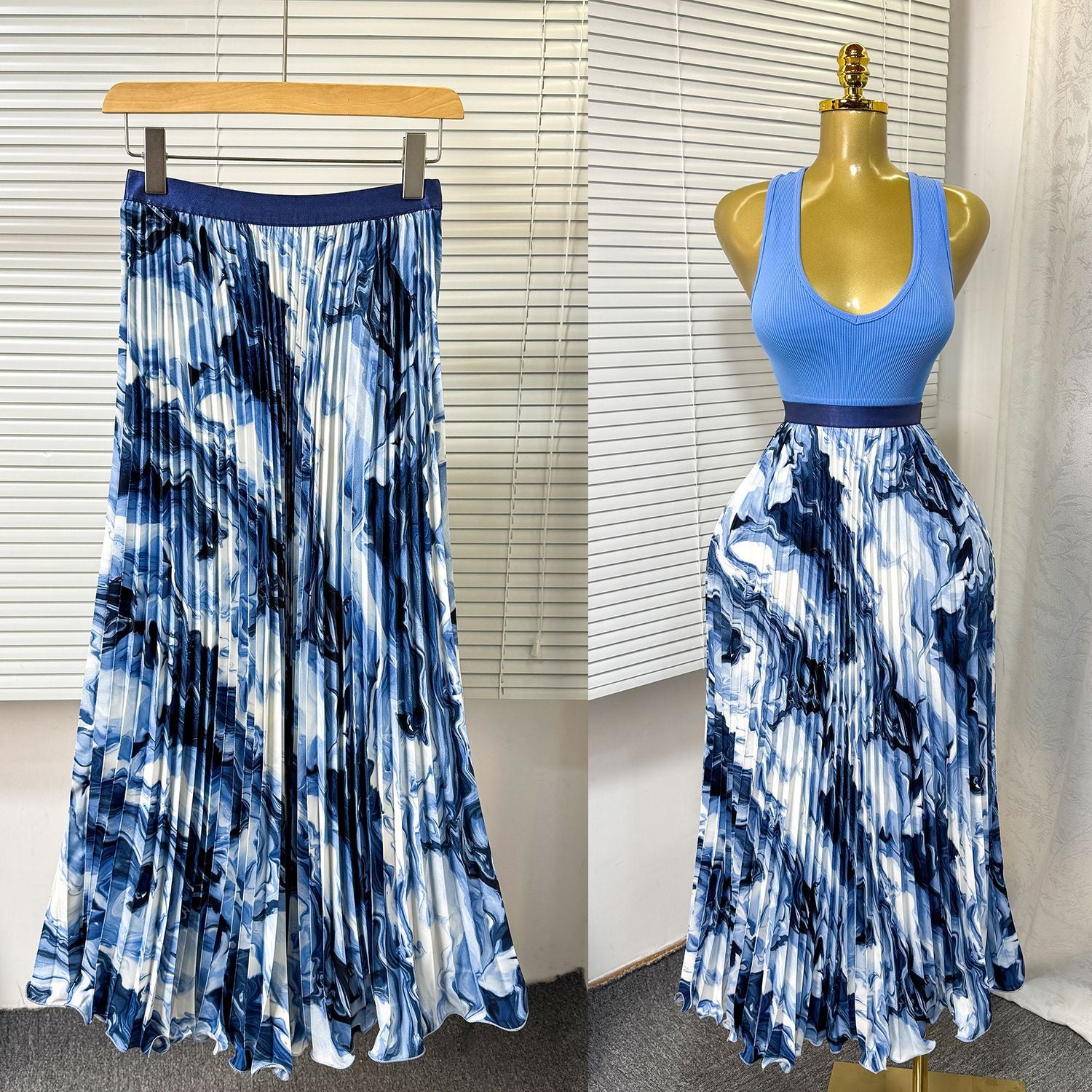 Women's Retro Printed High Waist A- Line Mid-length Pleated Large Hem Skirt