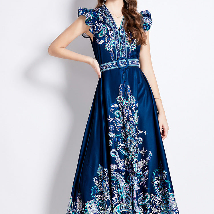 Retro Court High-grade Printed Lantern Sleeve Waist Slimming Elegant Dress