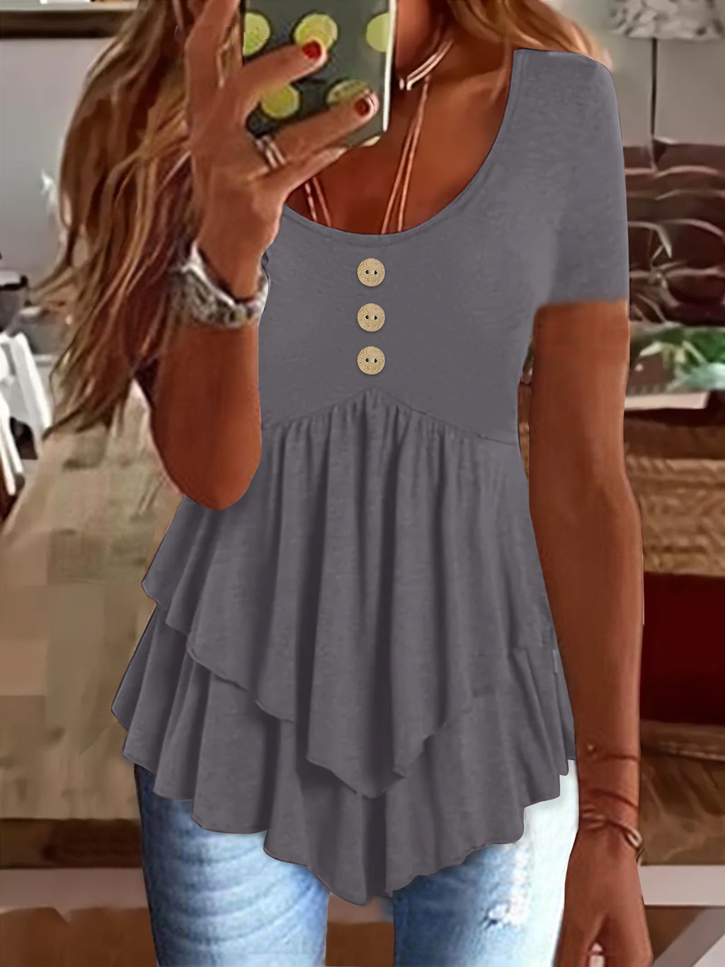 Women's Fashion Casual Solid Color Short-sleeved Dress Tops