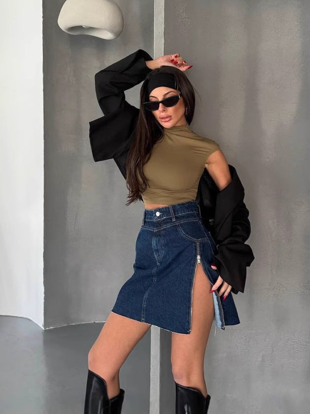 Women's Irregular High Waist Denim Design Zipper Skirt