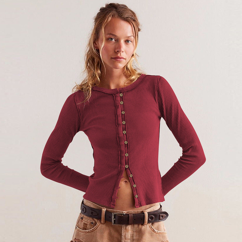 Women's Fashion Wear Long Sleeve Round Neck Button Rib Pure Color Women's Sweater