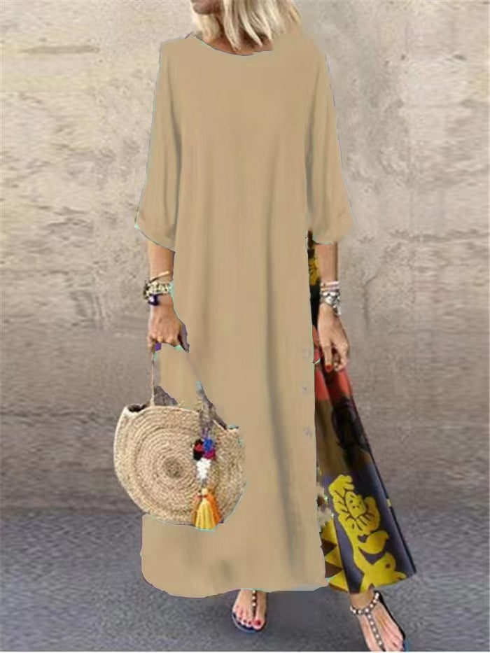 Floral Round Neck Contrast Color Button Dress