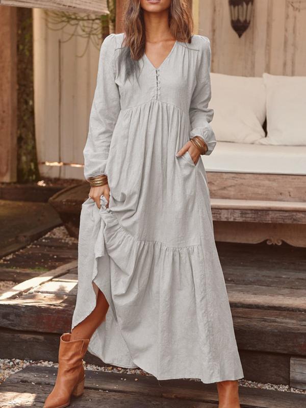 Women's Button Cotton Linen Retro Casual Long-sleeved Large Dress