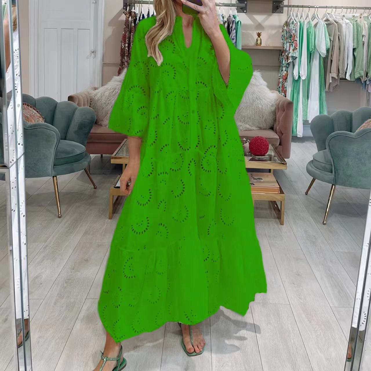 Women's French Style Bell Sleeve Lace Solid Color Sexy Long Dress