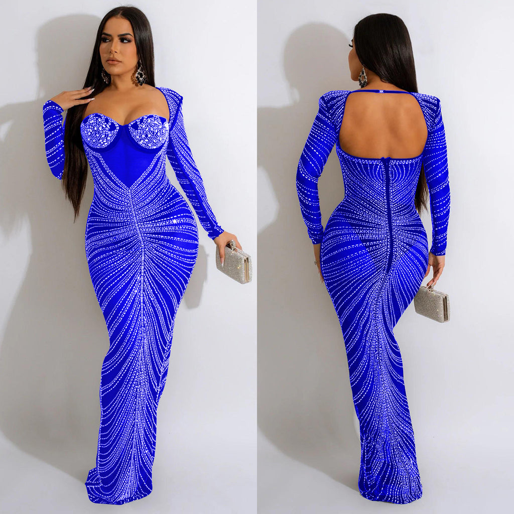Women's Fashion Wear Hot Drilling Mesh Long Dress