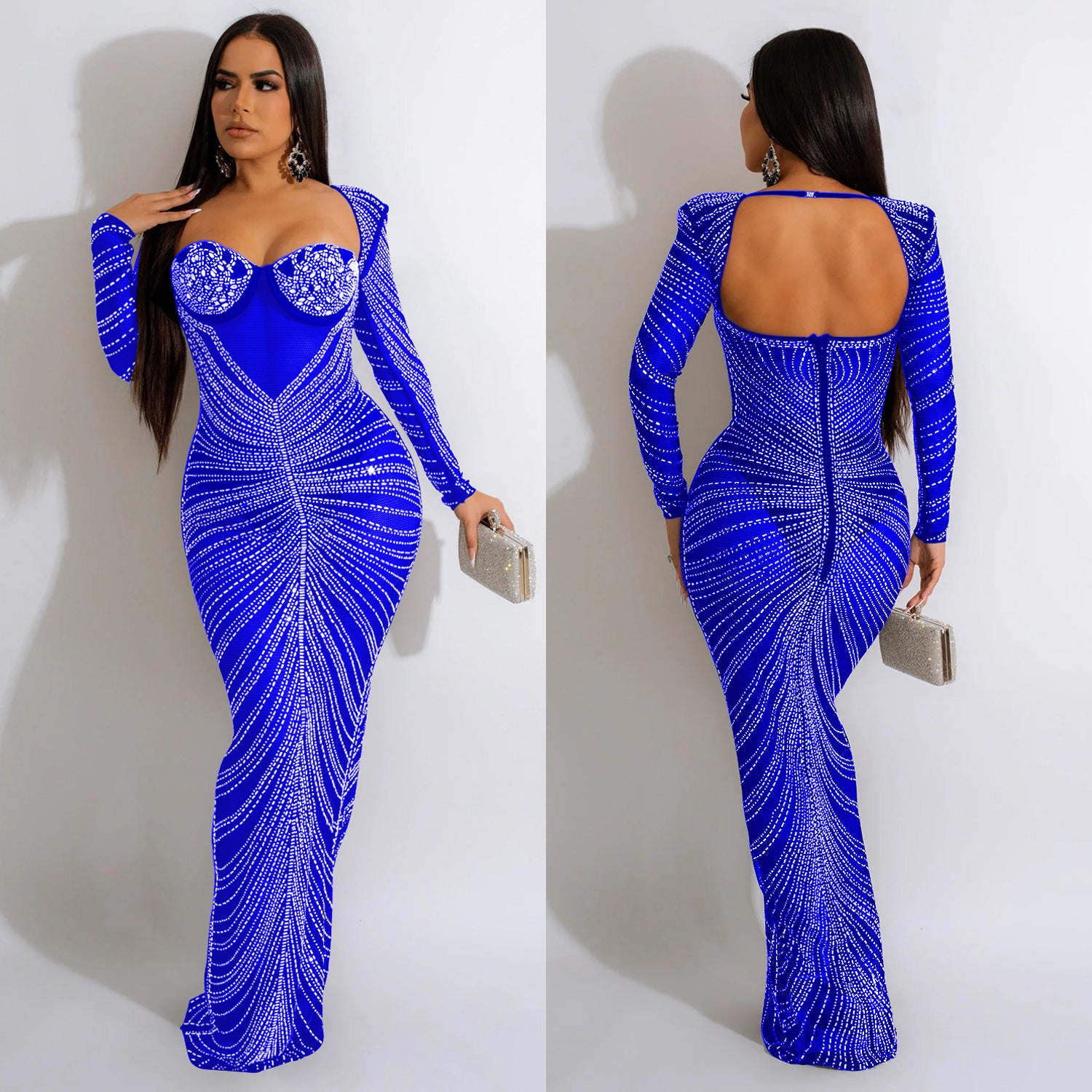 Women's Fashion Wear Hot Drilling Mesh Long Dress