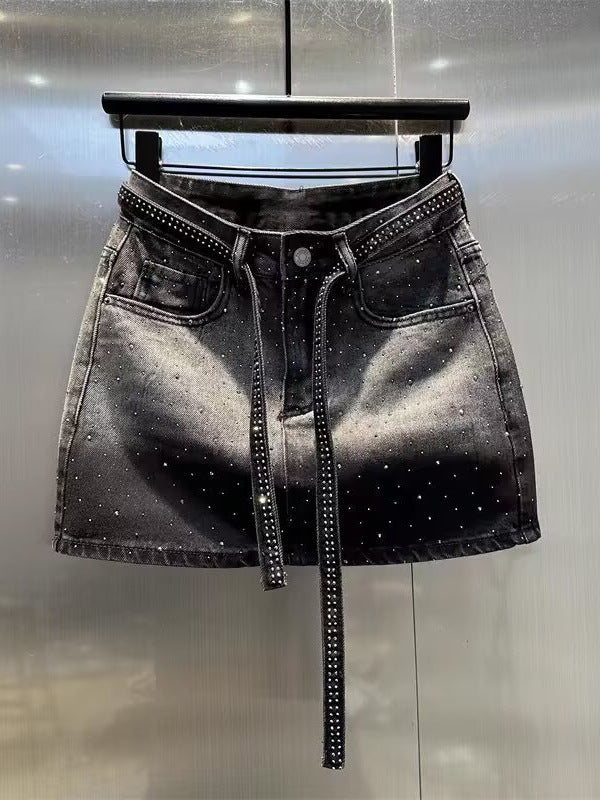 Rhinestone Denim High Waist Sexy A- Skirt
