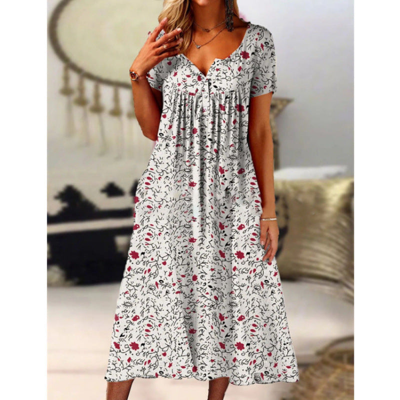 Women's Spring Printed Button Sleeve Pocket Dress