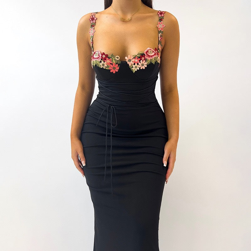 Women's Embroidered Patch Flower Waist Girdling Band Hot Sheath Suspender Long Dress