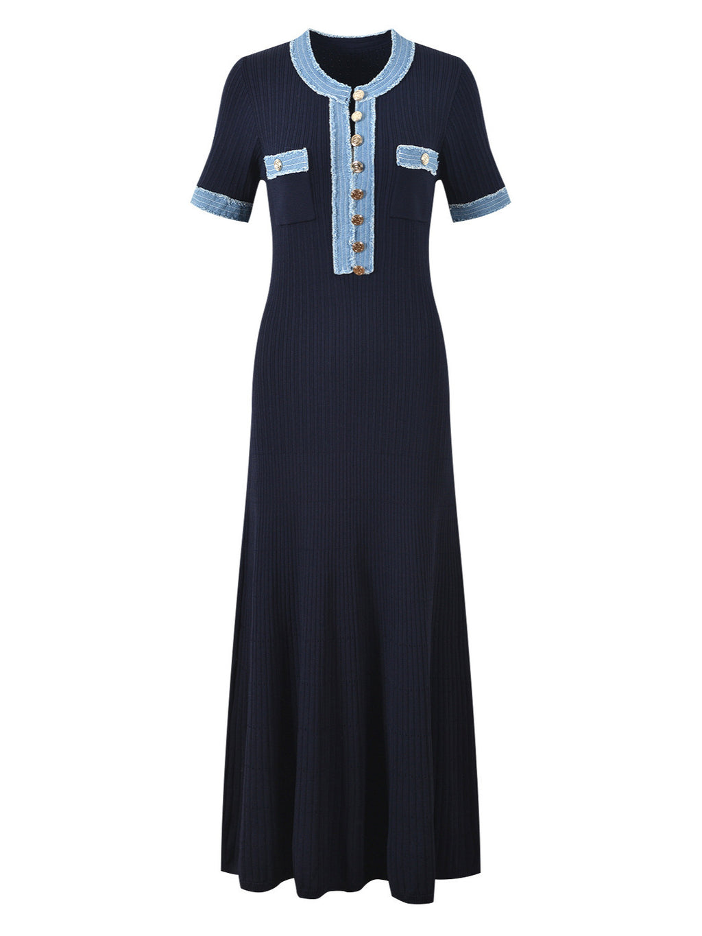 Women's Summer Fashion Round Neck Denim Single-breasted Patchwork Knitting Dress