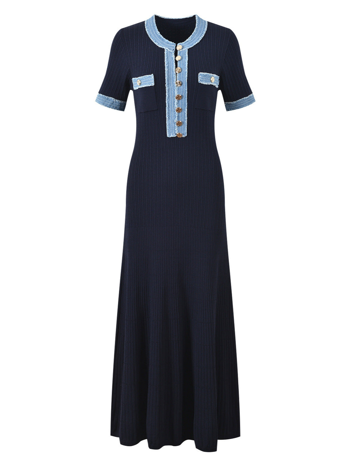 Women's Summer Fashion Round Neck Denim Single-breasted Patchwork Knitting Dress