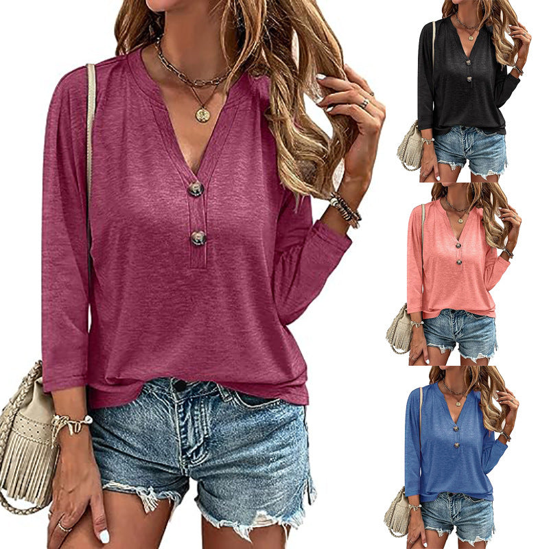 Women's Loose Solid Color Buttons Decorative Sleeve Tops