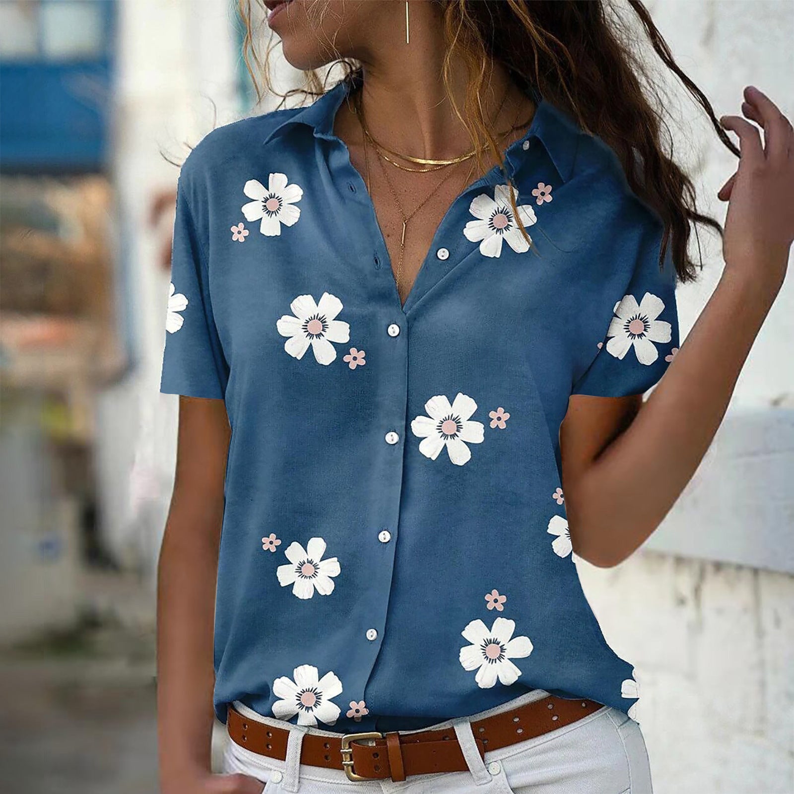 Women's Fashion Casual Sleeve Button Flower Print Blouse