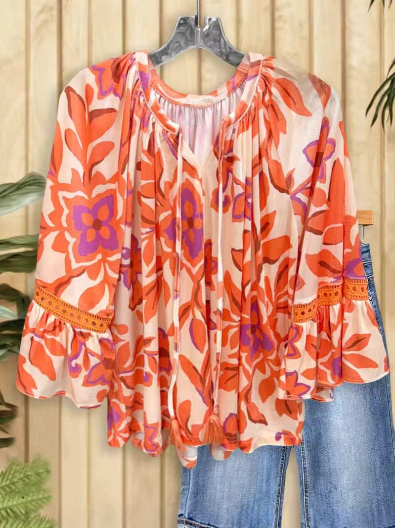 Women's Printed Batwing Sleeve Pleated Loose Shirt Blouse