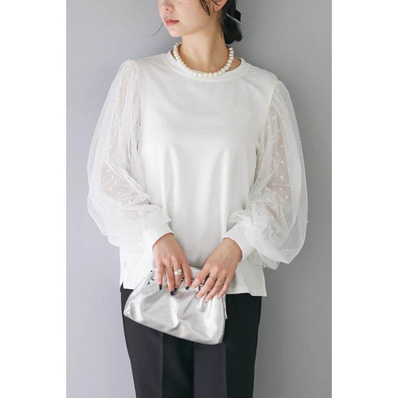 Women's Autumn Loose Split Stitching Mesh Long-sleeved Women's T-shirt
