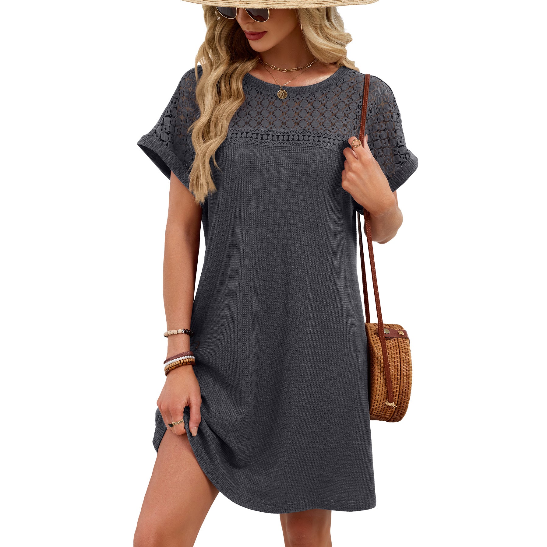 Solid Color Round Neck Lace Stitching Loose Dress